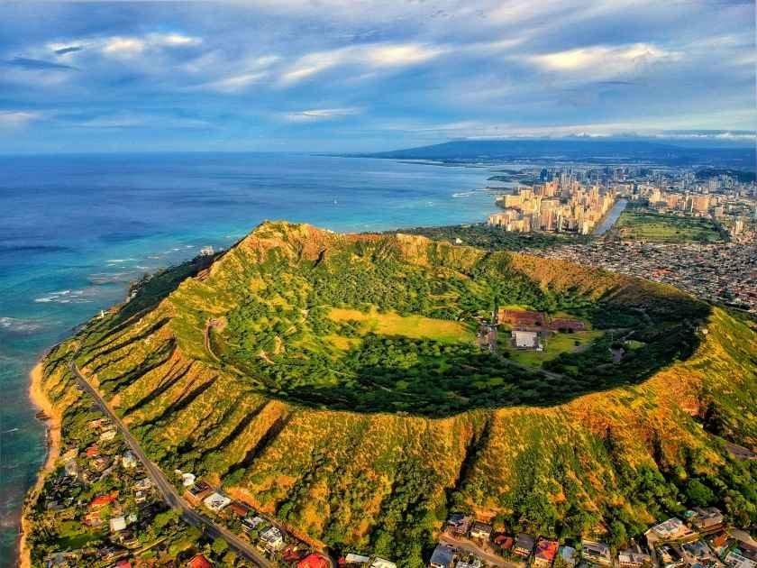 Diamond Head crater from the air with Waikiki behind it