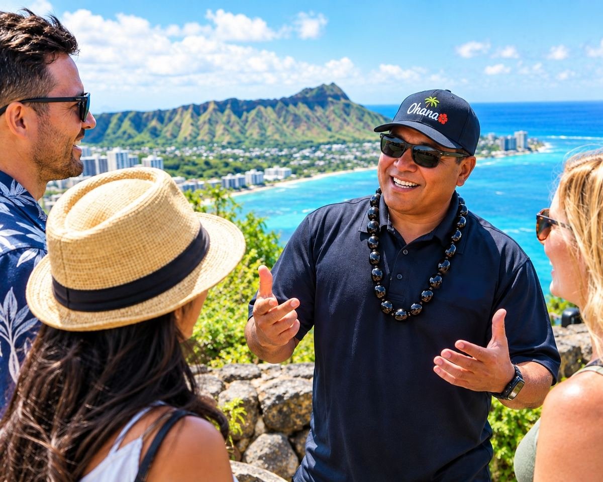 Hawaii-born tour guide talking with guests at a lookout above Waikiki