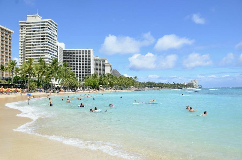 Waikiki Beach with hotels behind the sand